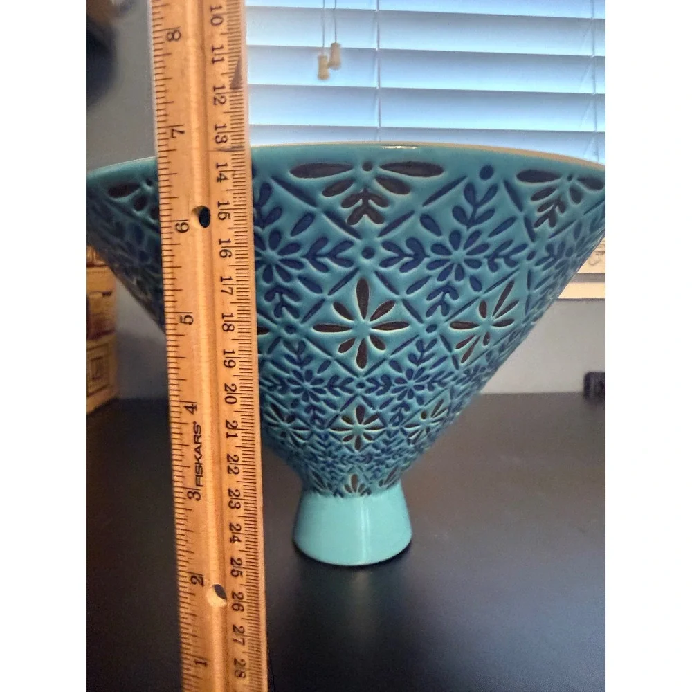 Turquoise Ceramic Pedestal Bowl Embossed Floral Geometric Centerpiece 10in